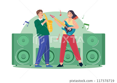 Man with saxophone and woman with guitar Man with saxophone and woman with guitar 117378719