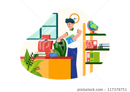 Boy putting books in school bag 117378751