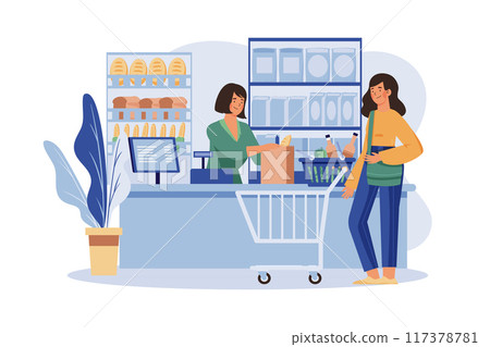 Shop Assistant Handling Shopping Bag to Female Customer in Grocery Store 117378781