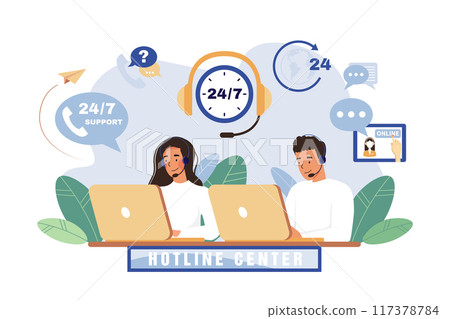 Call center agent with headset working on support hotline 117378784