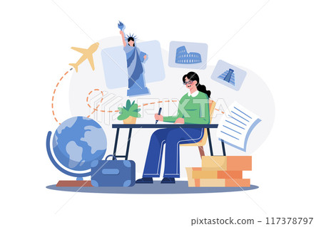 Young woman writes about attractive destinations in travel 117378797