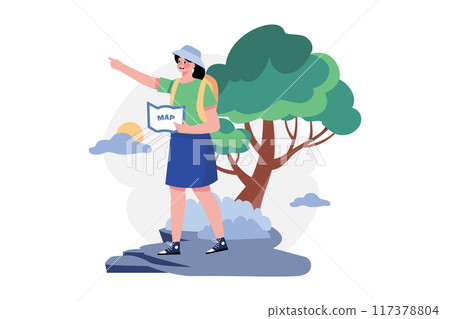 Female tourist with a backpack is experiencing the trip Female tourist with a backpack is experiencing the trip 117378804