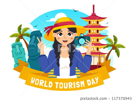 World Tourism Day Vector Illustration featuring a Globe and Famous Landmarks, Architectural Monuments, and National Statues in a Cartoon Background 117378943