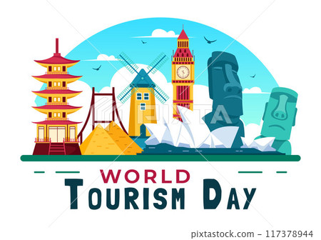 World Tourism Day Vector Illustration featuring a Globe and Famous Landmarks, Architectural Monuments, and National Statues in a Cartoon Background 117378944
