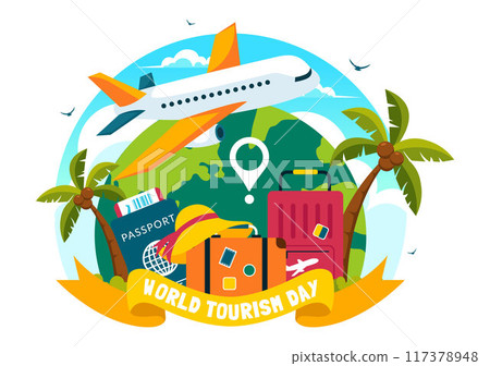 World Tourism Day Vector Illustration featuring a Globe and Famous Landmarks, Architectural Monuments, and National Statues in a Cartoon Background 117378948