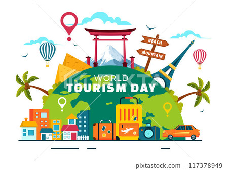 World Tourism Day Vector Illustration featuring a Globe and Famous Landmarks, Architectural Monuments, and National Statues in a Cartoon Background 117378949