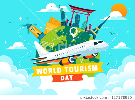World Tourism Day Vector Illustration featuring a Globe and Famous Landmarks, Architectural Monuments, and National Statues in a Cartoon Background 117378950