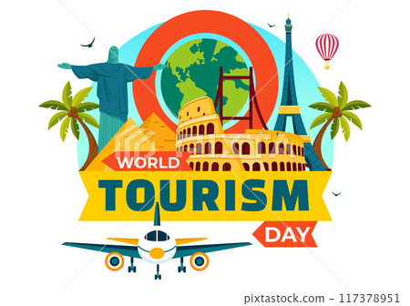 World Tourism Day Vector Illustration featuring a Globe and Famous Landmarks, Architectural Monuments, and National Statues in a Cartoon Background 117378951