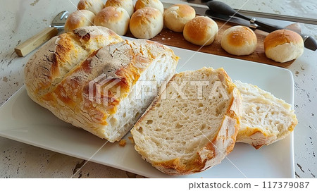A loaf of freshly baked artisan bread sliced open, showcasing its airy texture, placed on a cutting board with rolls in the background.. 117379087