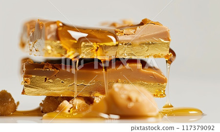 Close-up of rich chocolate brownies layered with caramel, showcasing a gooey center and topped with chocolate pieces, perfect for a decadent treat.. 117379092