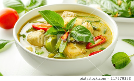 A delicious bowl of Thai green curry filled with fresh vegetables, garnished with basil leaves, showcasing a vibrant and healthy meal.. 117379358