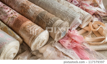 Close-up view of various rolls of decorative ribbons and lace in different colors and patterns, perfect for crafts and sewing projects.. Close-up view of various rolls of decorative ribbons and lace in different colors and patterns, perfect for crafts and sewing projects.. 117379397