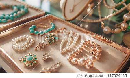 A beautifully arranged display of elegant jewelry featuring pearl and turquoise pieces, set in a luxurious tray. The composition showcases bracelets, necklaces, and earrings, highlighting their 117379415