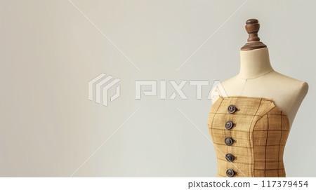 A beautifully crafted vintage dress displayed on a mannequin, featuring delicate lace details and a satin ribbon. The minimalist setting emphasizes the elegance and timeless charm of the dress. 117379454