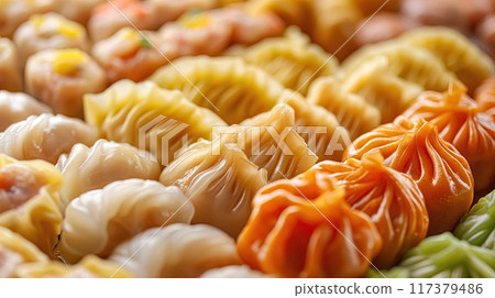 Close-up of assorted steamed dumplings in various vibrant colors, showcasing a delicious array of traditional Asian cuisine.. Close-up of assorted steamed dumplings in various vibrant colors, showcasing a delicious array of traditional Asian cuisine.. 117379486