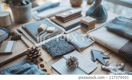 A beautifully arranged creative workspace featuring various textiles, design materials, and natural elements, ideal for interior design projects and inspiration.. A beautifully arranged creative workspace featuring various textiles, design materials, and natural elements, ideal for interior design projects and inspiration.. 117379501