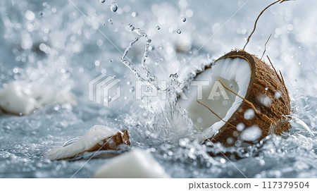 Close-up of a coconut splashing in water, capturing the dynamic motion of water droplets and the fresh, tropical feel.. Close-up of a coconut splashing in water, capturing the dynamic motion of water droplets and the fresh, tropical feel.. 117379504