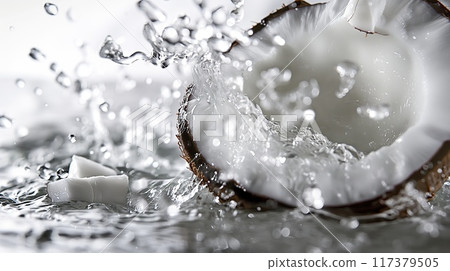 Close-up of a coconut splashing in water, capturing the dynamic motion of water droplets and the fresh, tropical feel.. Close-up of a coconut splashing in water, capturing the dynamic motion of water droplets and the fresh, tropical feel.. 117379505