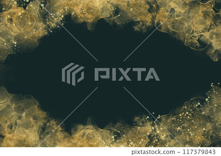 Alcohol ink art abstract dark template. Gold waves and splashes on top and bottom of green background 117379843