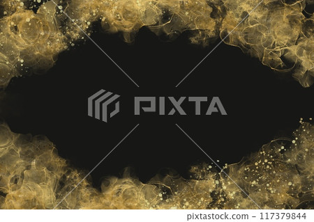 Japanese style abstract dark template in alcohol ink art. Gold waves and splashes on top and bottom of black background 117379844
