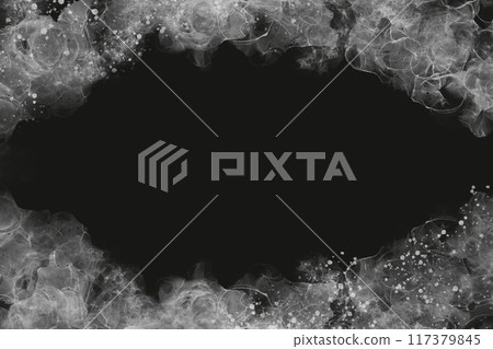 Japanese style abstract dark template in alcohol ink art.Silver waves and splashes on top and bottom of black background 117379845