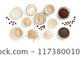 Flat lay of various coffee beverages, beans, and powdered ingredients on a white background, showcasing diverse coffee preparations.. 117380010