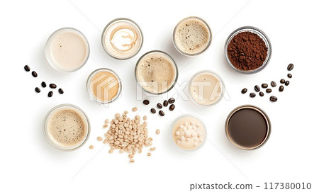 Flat lay of various coffee beverages, beans, and powdered ingredients on a white background, showcasing diverse coffee preparations.. Flat lay of various coffee beverages, beans, and powdered ingredients on a white background, showcasing diverse coffee preparations.. 117380010