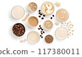Flat lay of various coffee beverages, beans, and powdered ingredients on a white background, showcasing diverse coffee preparations.. 117380011