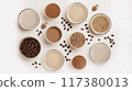 Flat lay of various coffee beverages, beans, and powdered ingredients on a white background, showcasing diverse coffee preparations.. 117380013