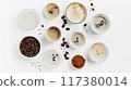 Flat lay of various coffee beverages, beans, and powdered ingredients on a white background, showcasing diverse coffee preparations.. 117380014