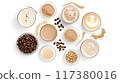 Flat lay of various coffee beverages, beans, and powdered ingredients on a white background, showcasing diverse coffee preparations.. 117380016