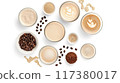 Flat lay of various coffee beverages, beans, and powdered ingredients on a white background, showcasing diverse coffee preparations.. 117380017