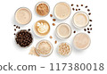 Flat lay of various coffee beverages, beans, and powdered ingredients on a white background, showcasing diverse coffee preparations.. 117380018