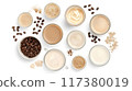 Flat lay of various coffee beverages, beans, and powdered ingredients on a white background, showcasing diverse coffee preparations.. 117380019