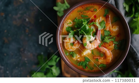 A flavorful bowl of spicy shrimp soup garnished with fresh cilantro and chili peppers, served with lime wedges on the side.. 117380031