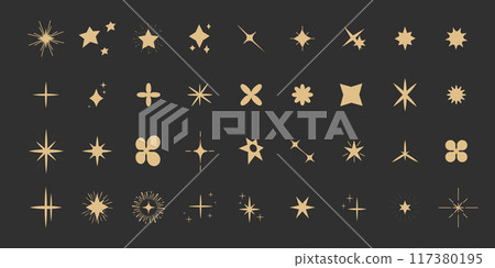 Set gold shine sparkle icon glare,light,blink star minimal shape, burst and rays golden decoration. Twinkle magic comic shine isolated on dark background. 117380195