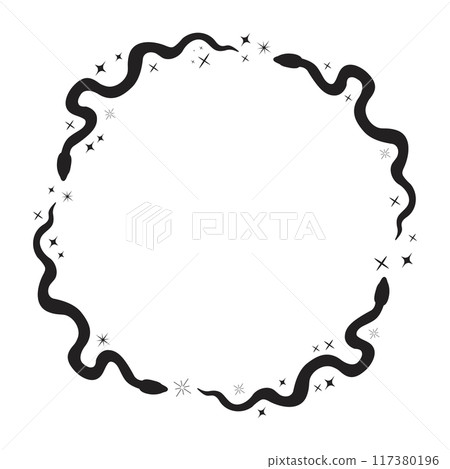 Celestial serpent snake circle frame, esoteric tarot or tattoo mystery sacred symbol border. Linocut style boho. Occultism and religion, sacred rites and sacrifice. Reptile 117380196