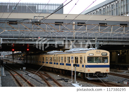 Sanyo Main Line 103 series train arriving at Okayama Station (direct to Ako Line) 117380295
