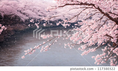 安靜的河邊美麗的日本櫻花，周圍無人 117380322