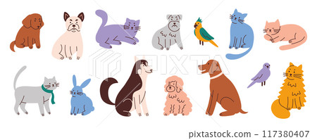 Vector illustration set of cute pets, collection of cats, dogs, parrots. Domestic animals, rabbit icon. Adorable husky, bulldog, schnauzer, doberman, siberian cat. Flat cartoon style for pet care 117380407