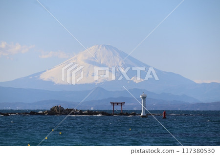 Morito Shrine Najima floating on the sea with Mount Fuji in the background during the New Year Morito Shrine Najima floating on the sea with Mount Fuji in the background during the New Year 117380530