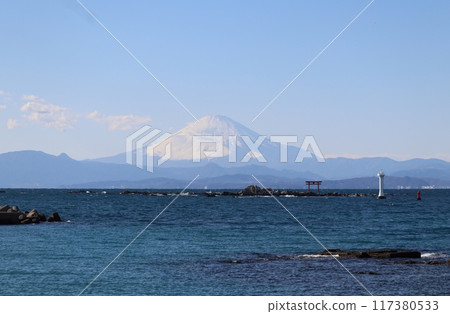 Morito Shrine Najima floating on the sea with Mount Fuji in the background during the New Year 117380533