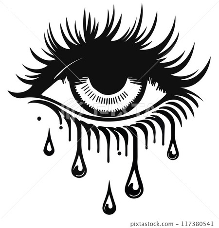 crying eye with long lashes, tears dripping down face 117380541