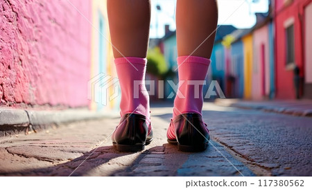 Multi racial model in pink striped stockings and ballet flats captured from the back caught Multi racial model in pink striped stockings and ballet flats captured from the back caught 117380562