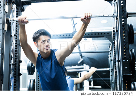 Sports gym, training gym, male, muscle training, portrait Sports gym, training gym, male, muscle training, portrait 117380784