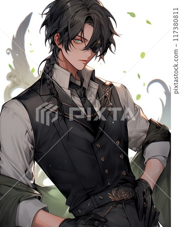 Illustration of a handsome anime-style man wearing a black tuxedo and eyepatch 117380811