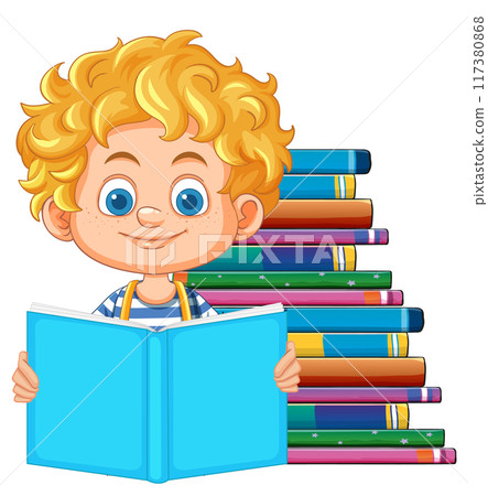 Child Reading with Stack of Books Child Reading with Stack of Books 117380868