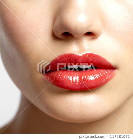 年輕女子的嘴唇塗著紅色口紅 年輕女子的嘴唇塗著紅色口紅 117381071