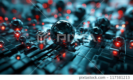 Red and Blue Geometric Landscape with Floating Spheres 117381213