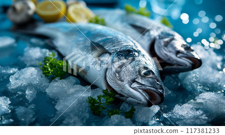 Photorealistic Photo of Two Whole Sea Bass Fish on Ice with Lemon 117381233